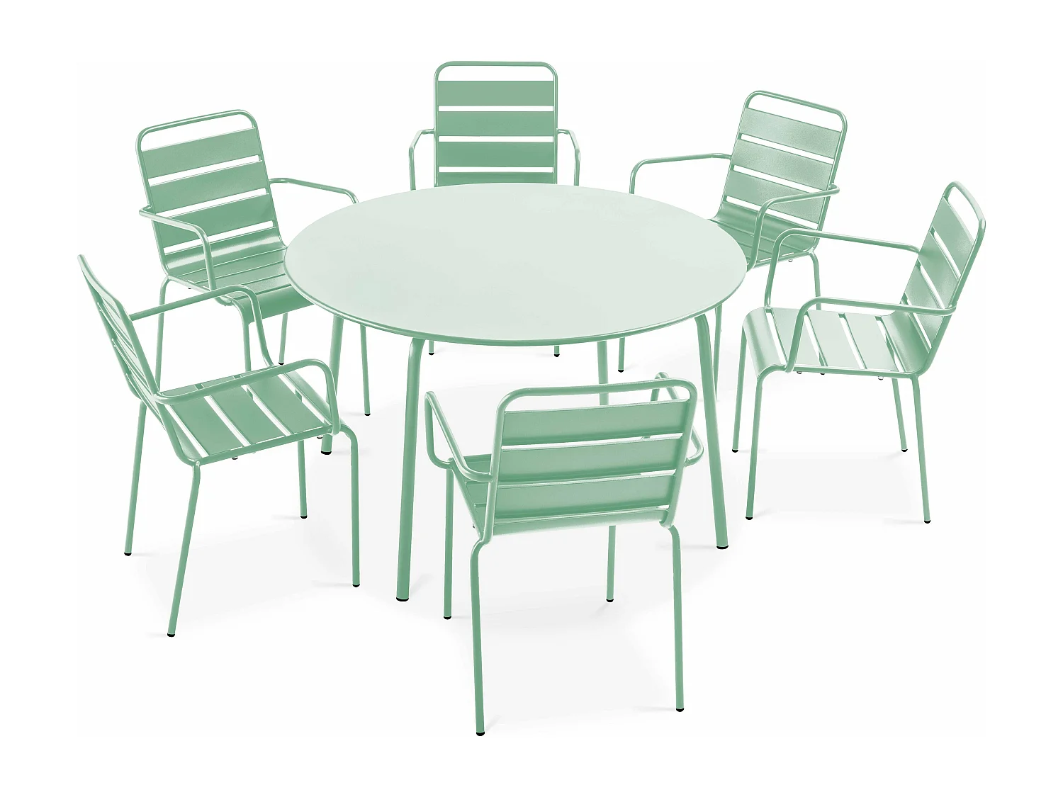 Ensemble table de jardin ronde et 6 fauteuils acier vert sauge - Palavas