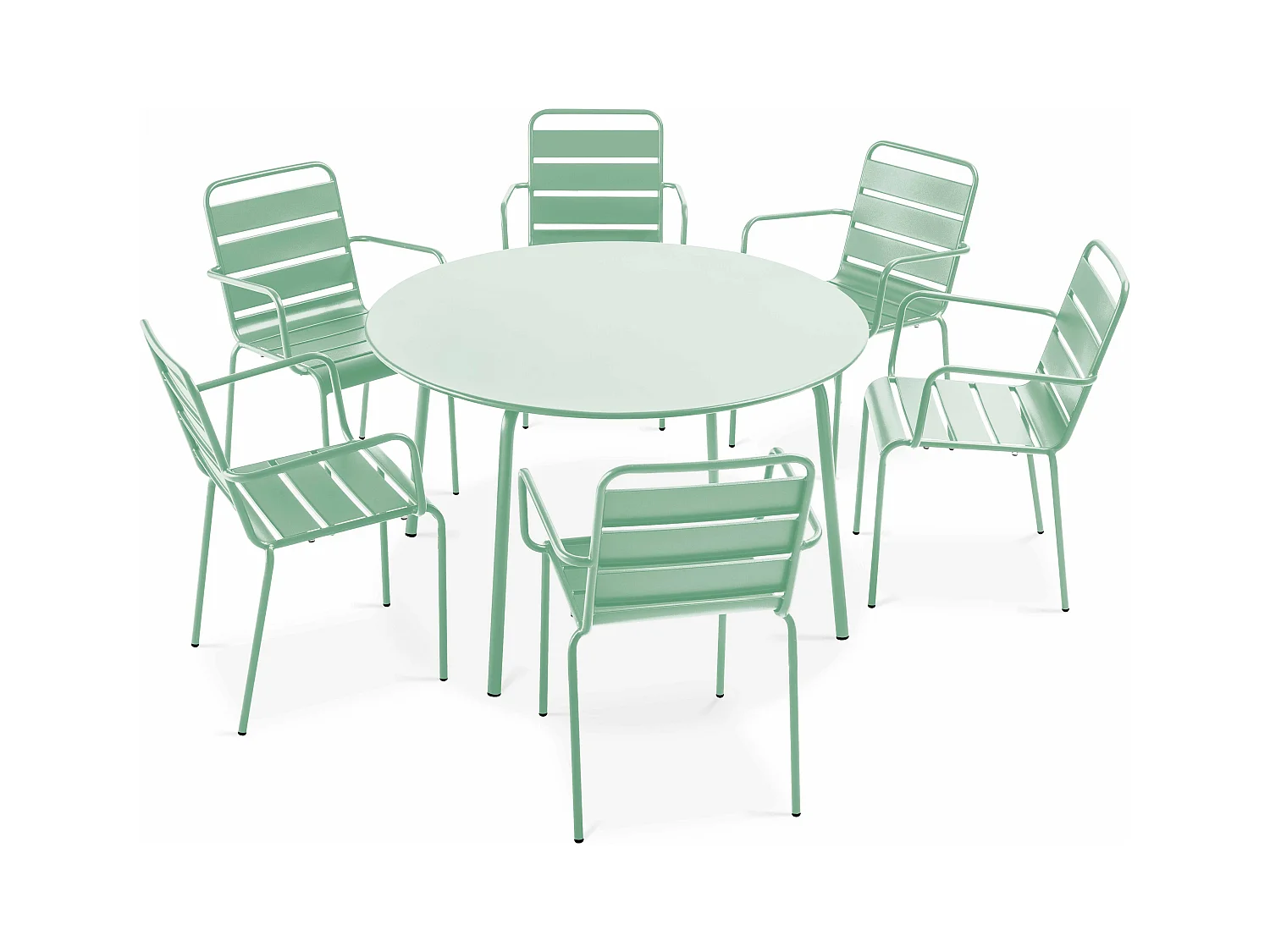 Ensemble table de jardin ronde et 6 fauteuils acier vert sauge - Palavas