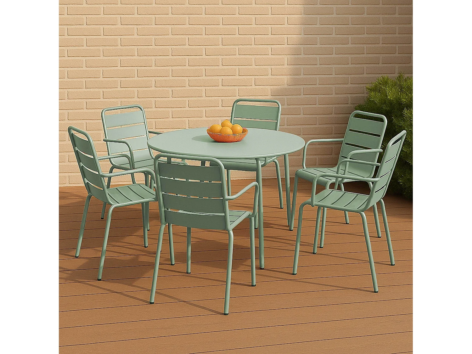 Ensemble table de jardin ronde et 6 fauteuils acier vert sauge - Palavas
