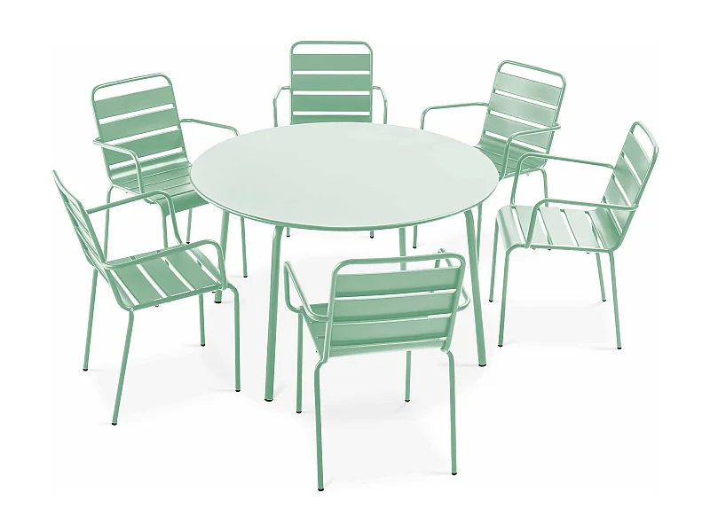 Ensemble table de jardin ronde et 6 fauteuils acier vert sauge - Palavas
