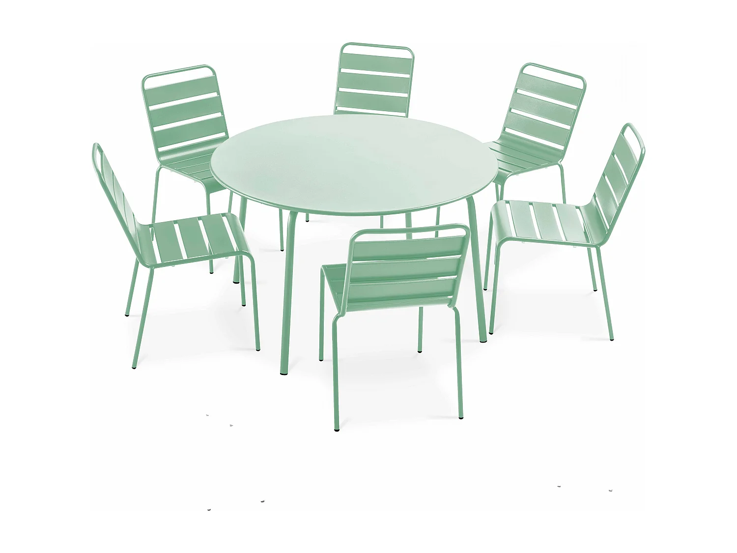 Ensemble table de jardin ronde et 6 chaises en métal vert sauge - Palavas