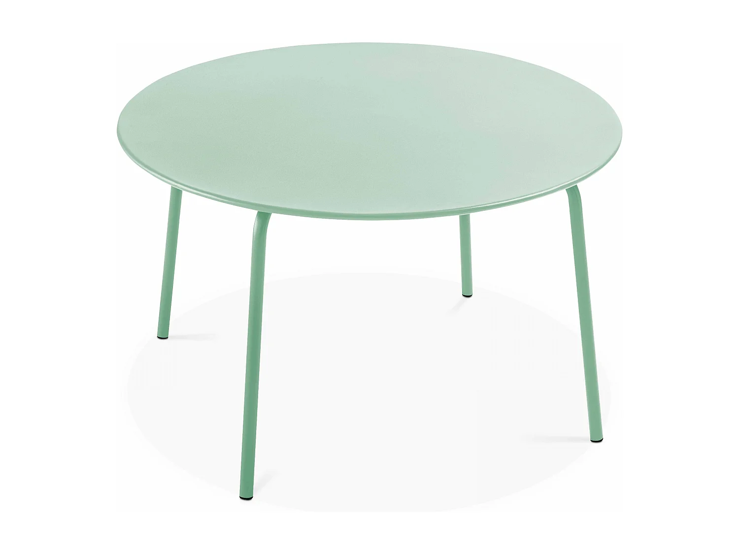 Set van een ronde tuin tafel en 6 groene salie stoelen