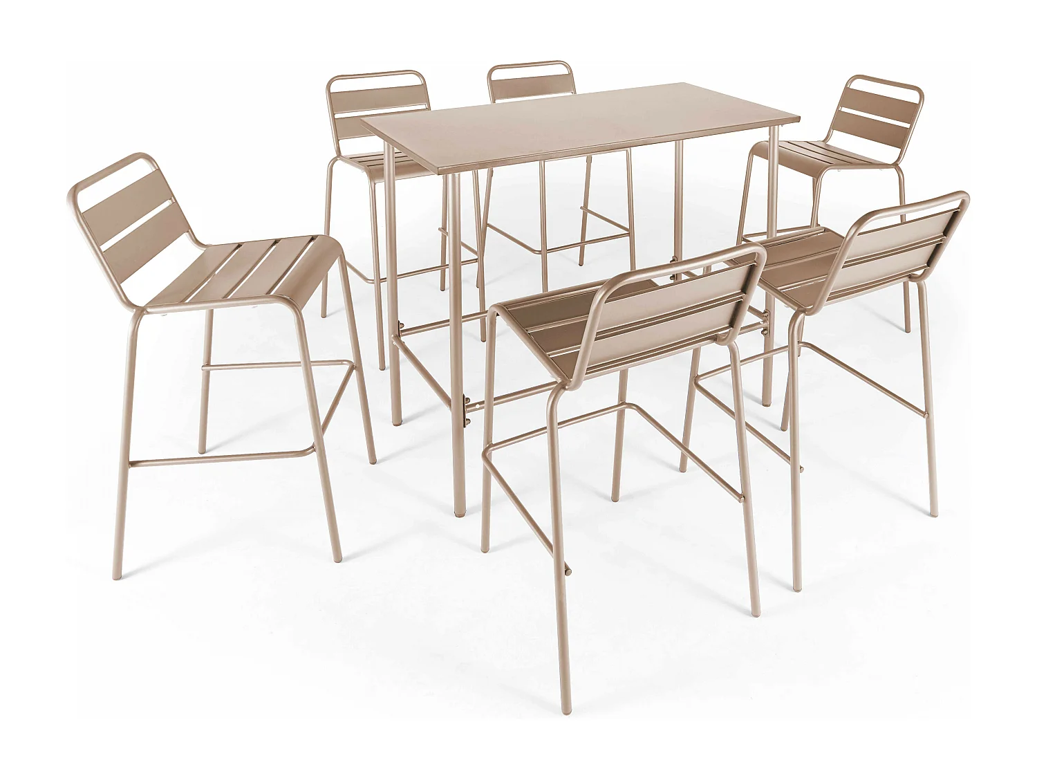 Set van een hoge tuin tafel en 6 taupe stoelen