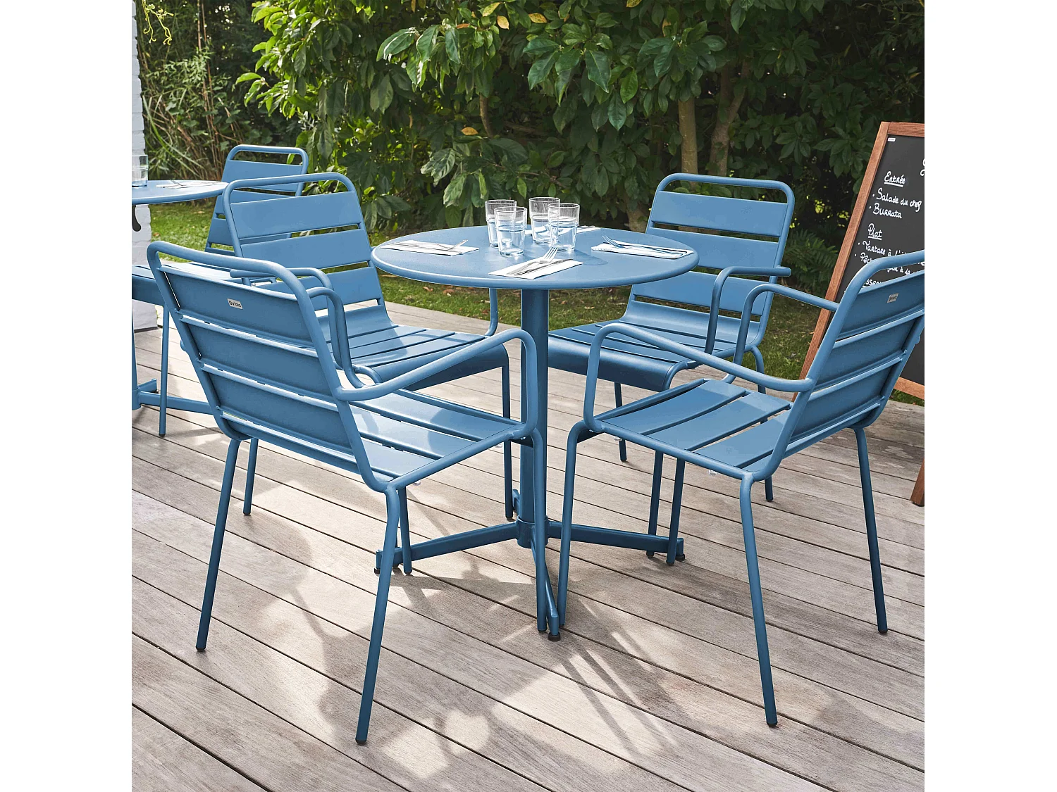 Ensemble table de jardin et 4 fauteuils métal bleu pacific - Palavas