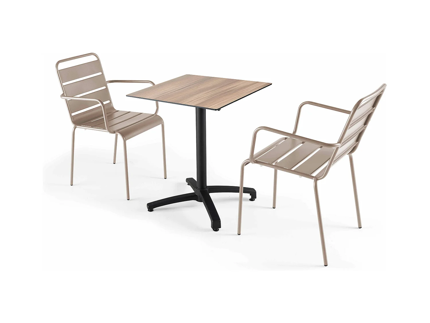 Ensemble table de terrasse stratifié chene foncé et 2 fauteuils taupe