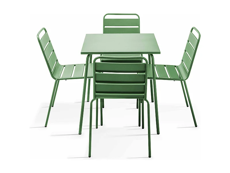 Ensemble table de terrasse et 4 chaises en métal vert cactus - Palavas