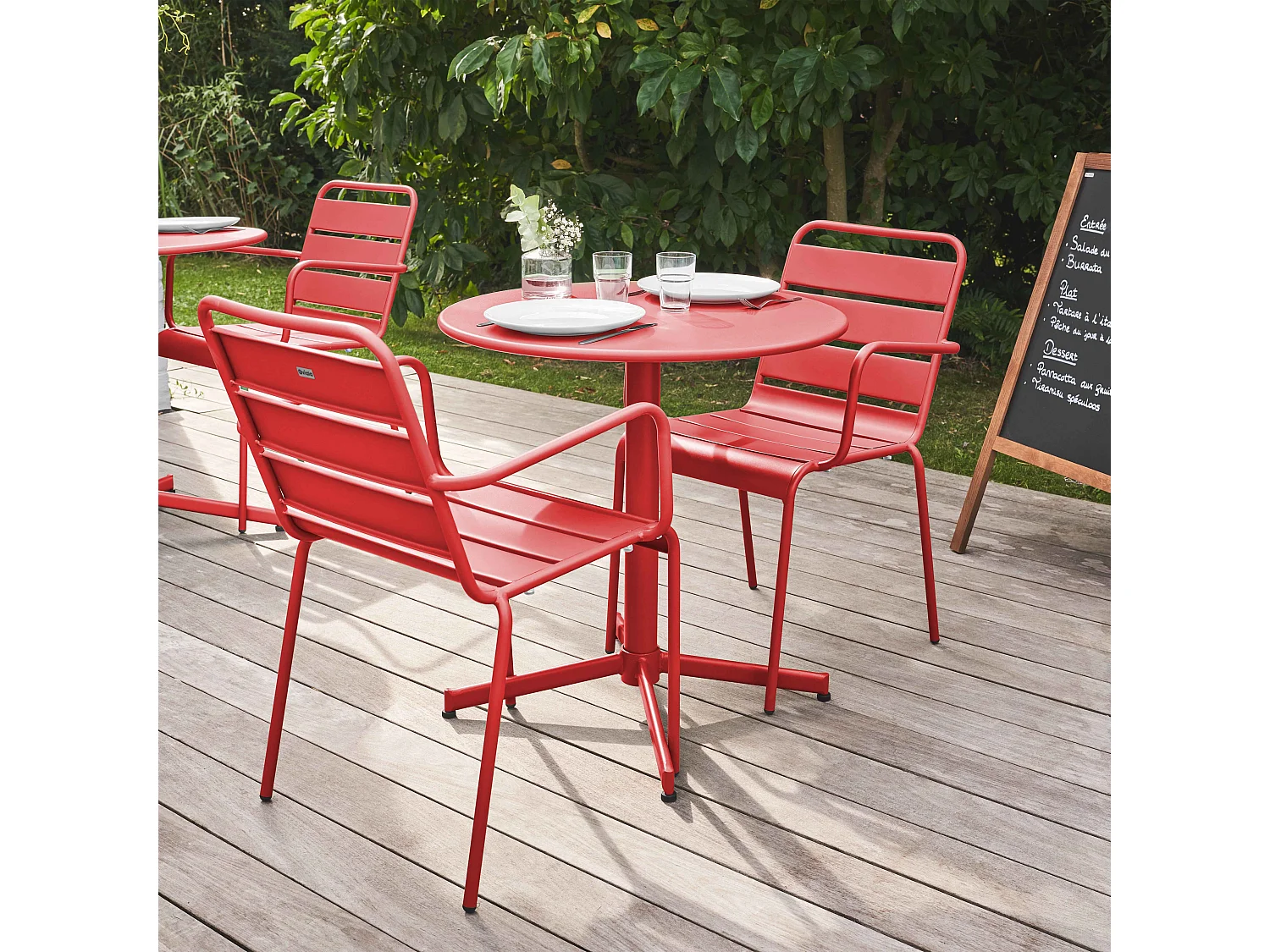Ensemble table de jardin et 2 fauteuils métal rouge - Palavas