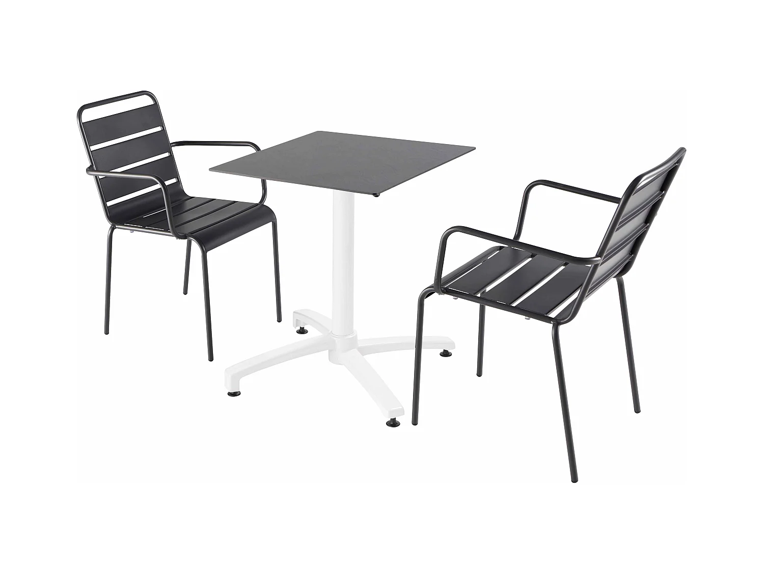 Ensemble table de terrasse stratifié ardoise et 2 fauteuils gris