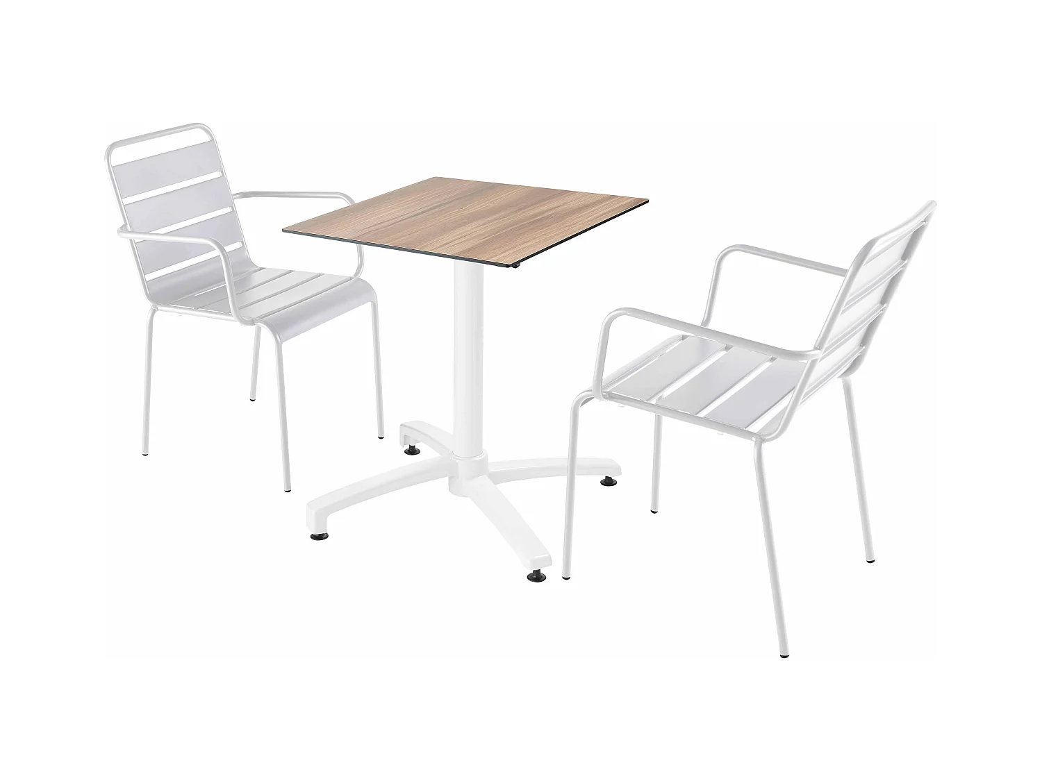 Ensemble table de terrasse  stratifié chêne foncé et 2 fauteuils blanc