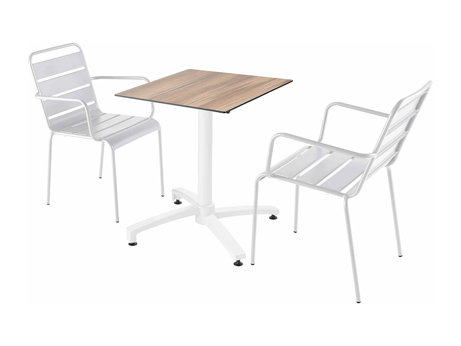 Set tuintafel met donker eikenfineer en 2 witte fauteuils