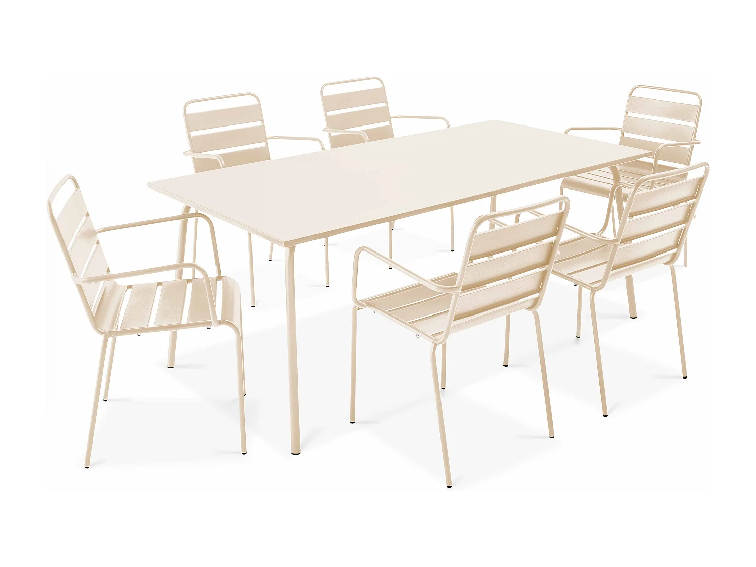 Tuinset met tafel en 6 fauteuils van ivoorkleurig metaal