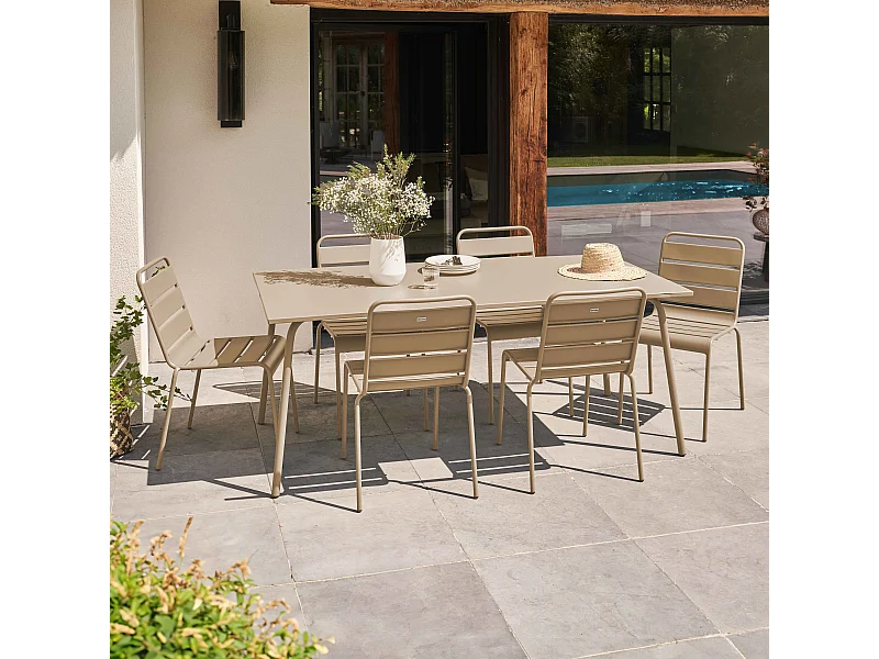 Ensemble table de jardin et 6 chaises en métal taupe - Palavas