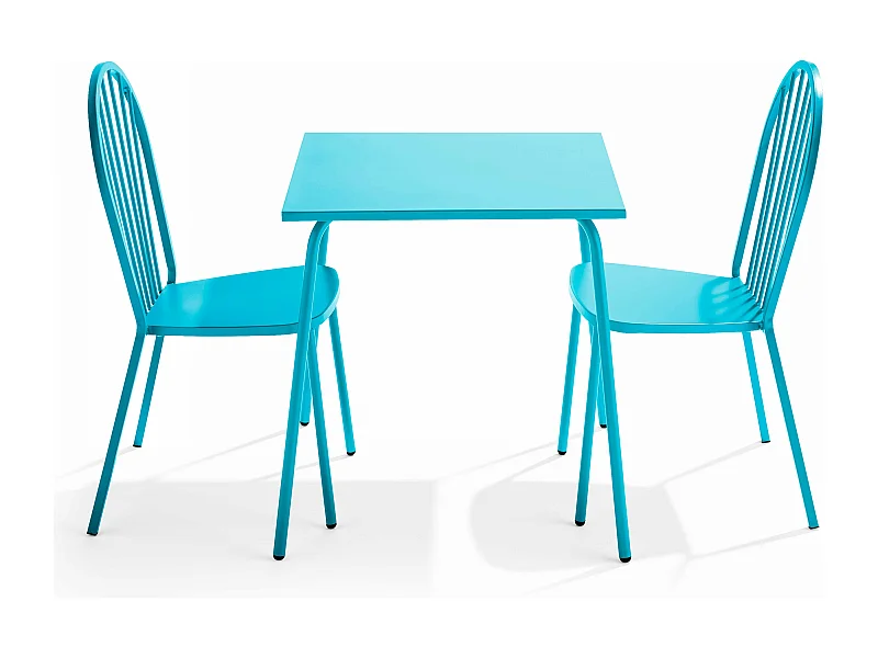 Set van een bistro tuintafel en 2 blauwe stalen stoelen