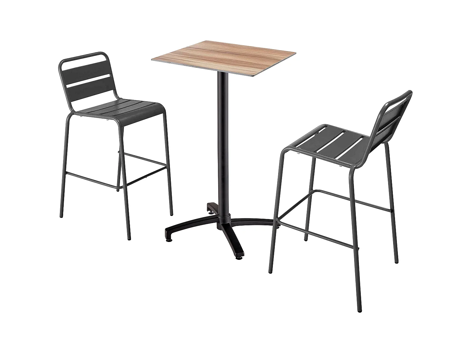 Ensemble table haute stratifié chêne foncé et 2 chaises hautes gris