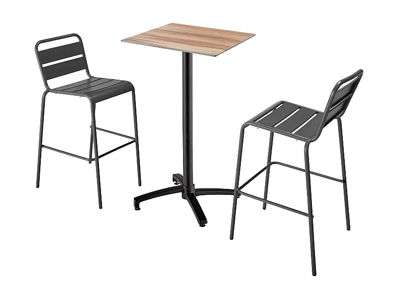 Set hoge tafel met donker eiken laminaat en 2 hoge grijze stoelen