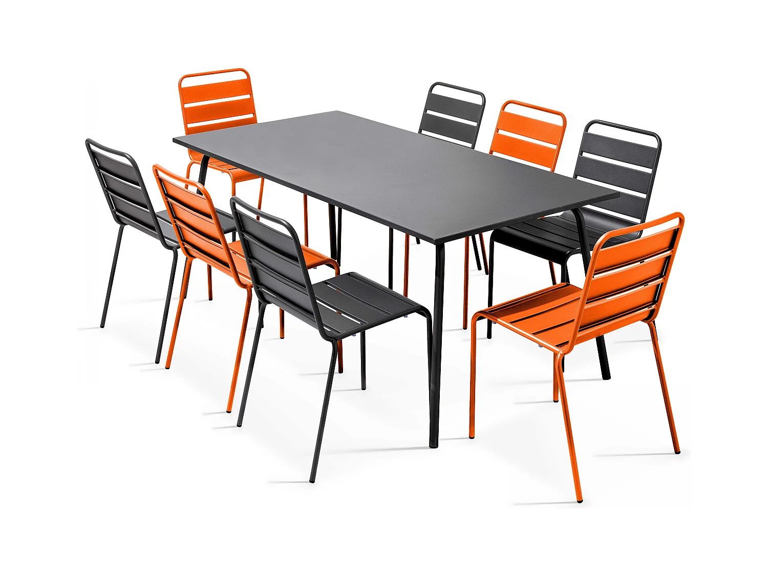 Ensemble table de jardin et 8 chaises en métal gris et orange - Palavas