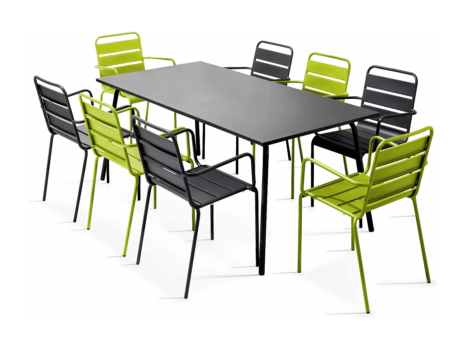 Ensemble table de jardin et 8 fauteuils en métal vert et gris - Palavas