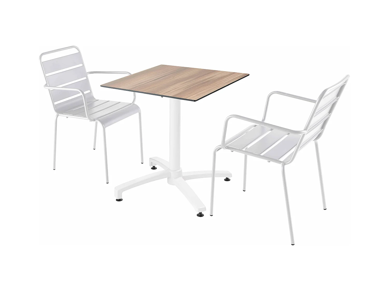 Ensemble table terrasse stratifié chêne foncé et 2 fauteuils blanc
