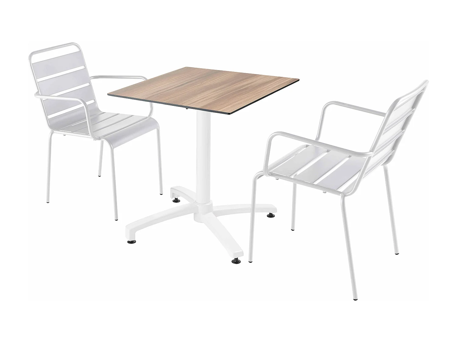 Set tuintafel met donker eikenfineer en 2 witte fauteuils