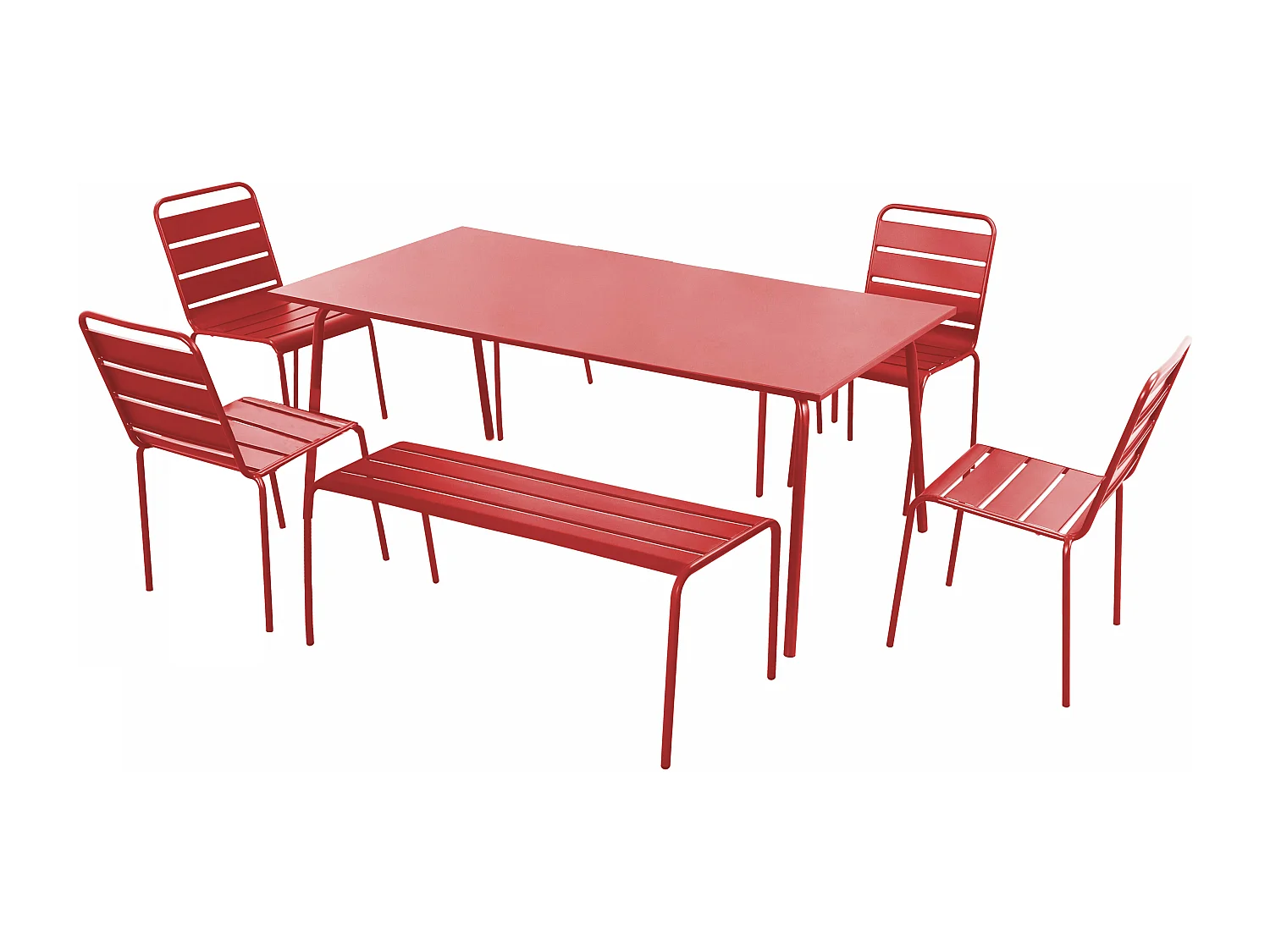 Tuinset met 2 banken en 4 stoelen van rood staal