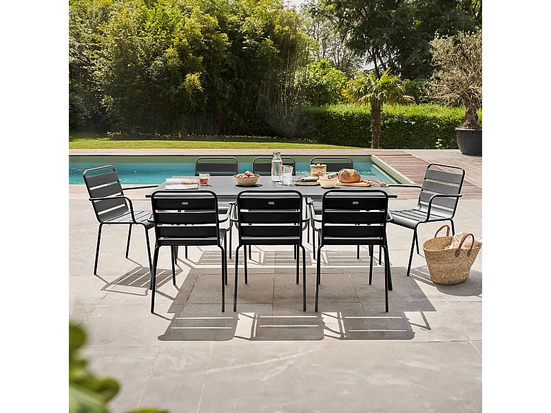 Ensemble table de Jardin et 8 fauteuils en métal gris - Palavas
