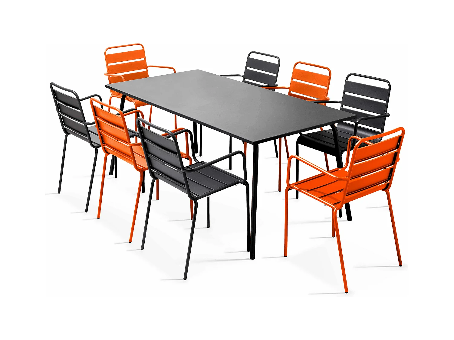 Ensemble table de jardin et 8 fauteuils en métal orange et gris - Palavas