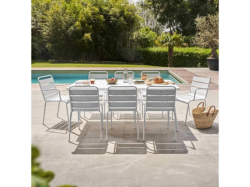 Ensemble table de Jardin et 8 fauteuils en métal blanc - Palavas