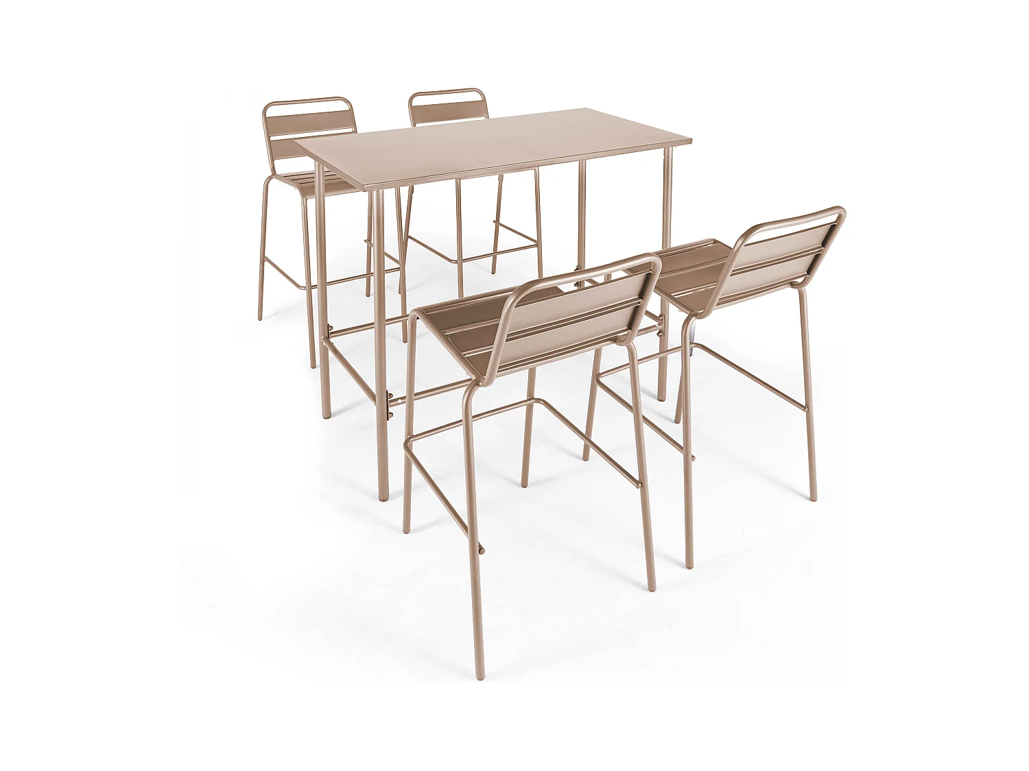 Set hoge tafel en 4 barkrukken in taupe metaal
