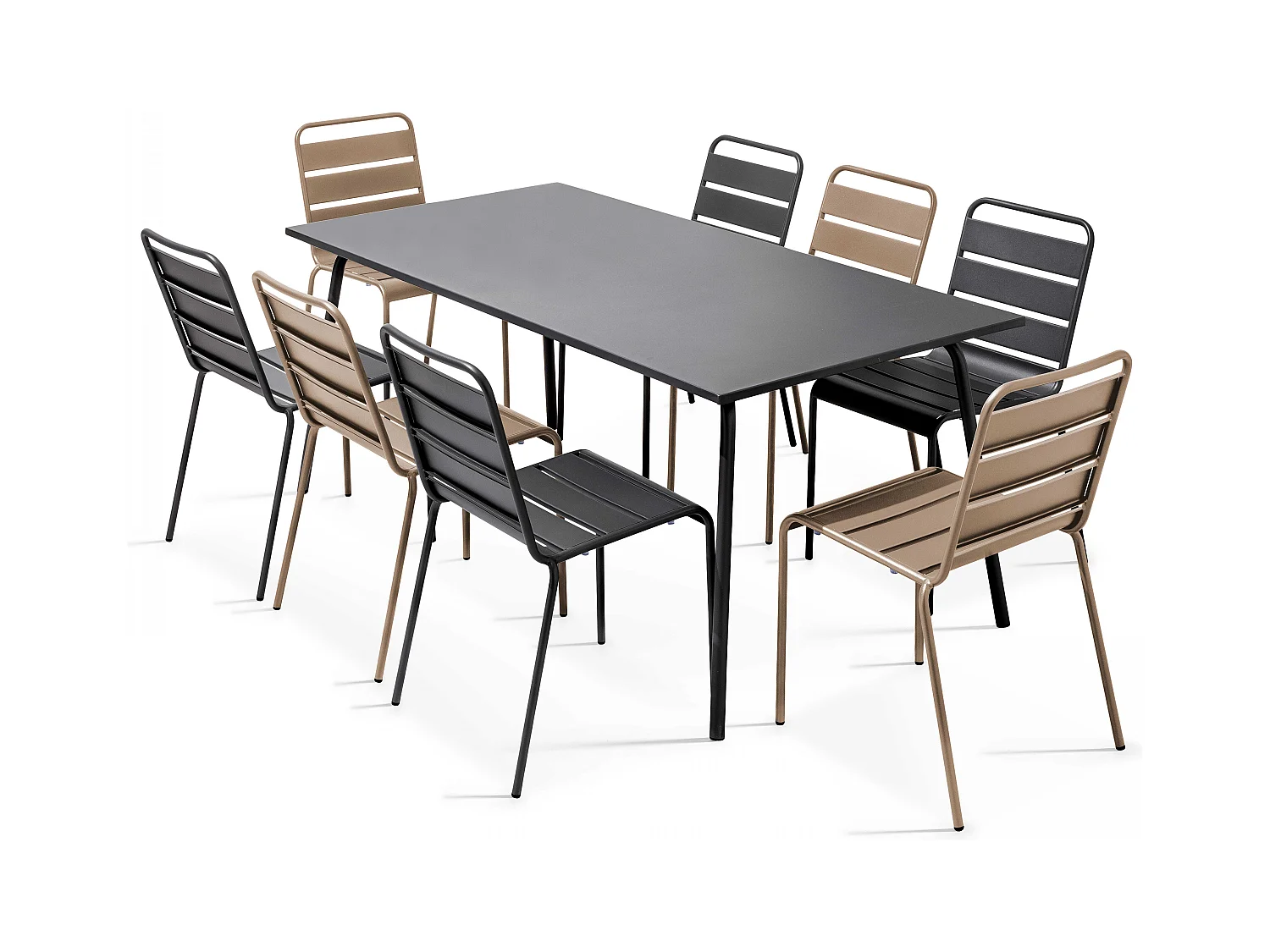 Ensemble table de jardin et 8 chaises en métal gris et taupe - Palavas