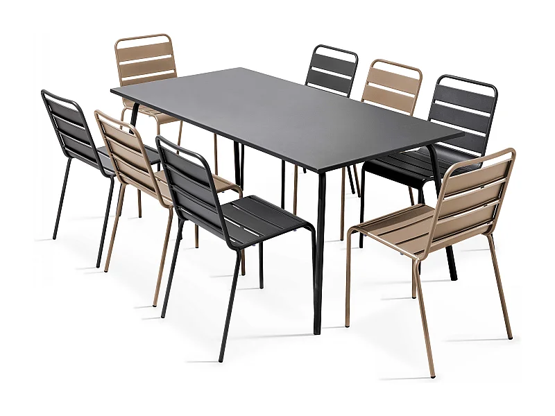 Ensemble table de jardin et 8 chaises en métal gris et taupe - Palavas