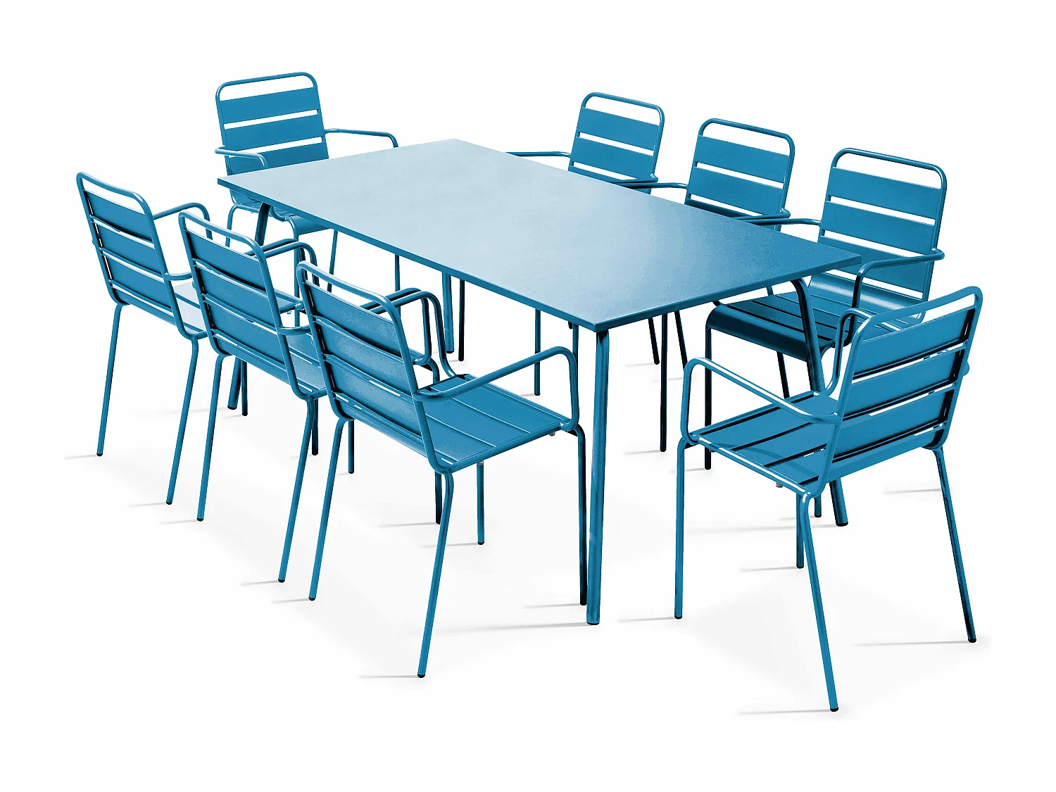 Ensemble table de jardin et 8 fauteuils en métal bleu pacific  - Palavas