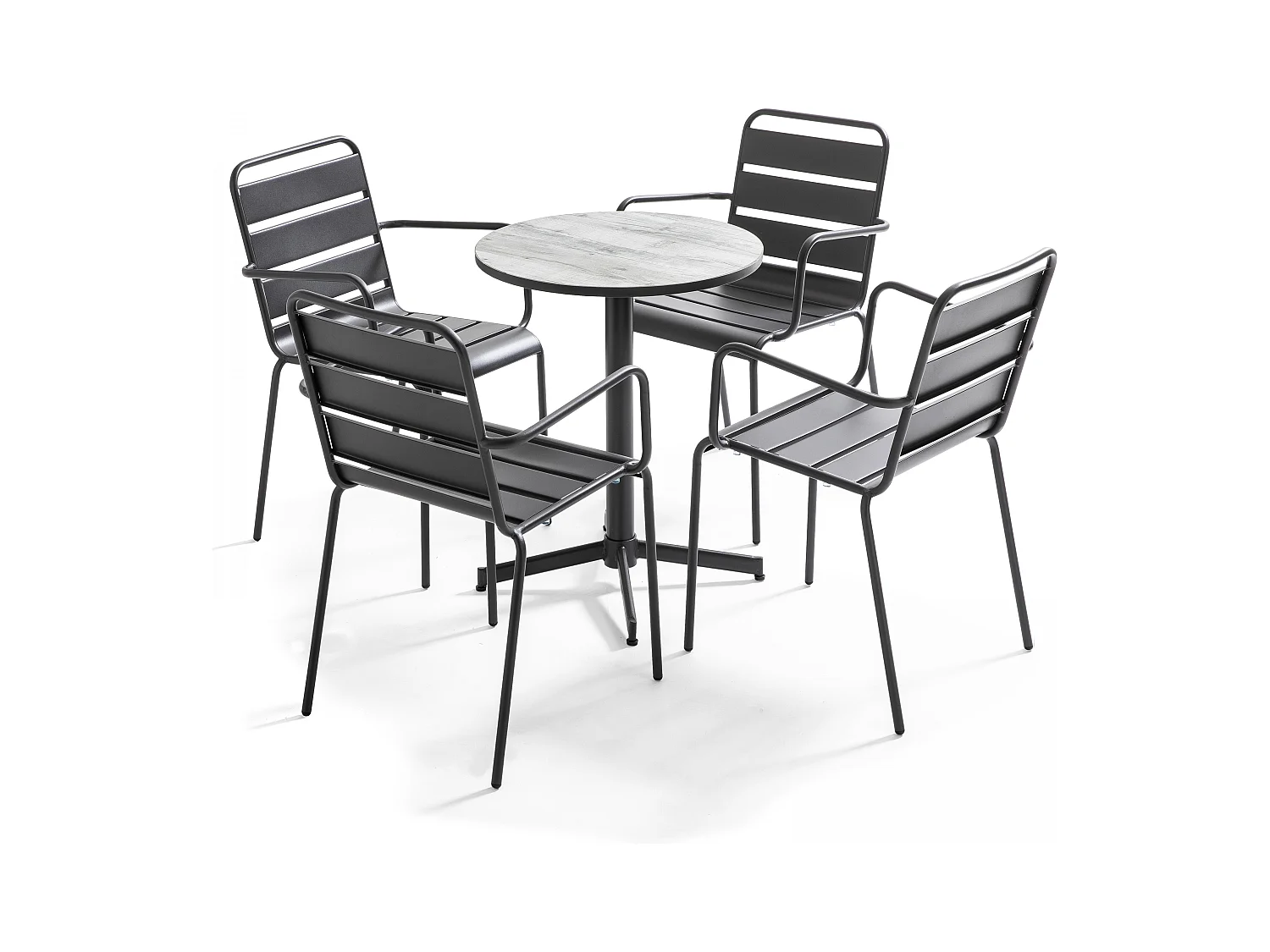 Ronde tuintafel met 4 grijze stalen fauteuils