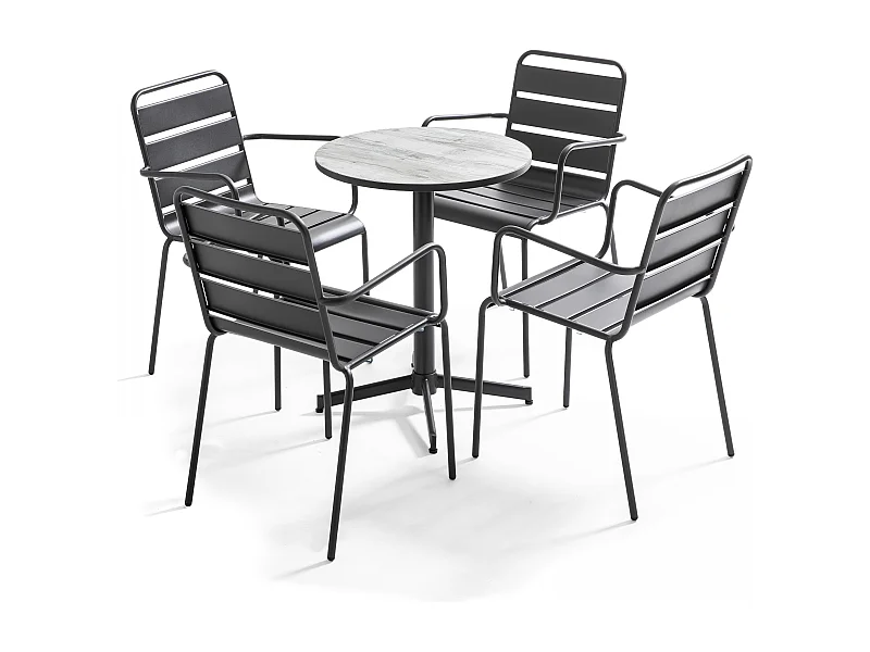 Table de jardin ronde 4 fauteuils acier gris  - Tivoli