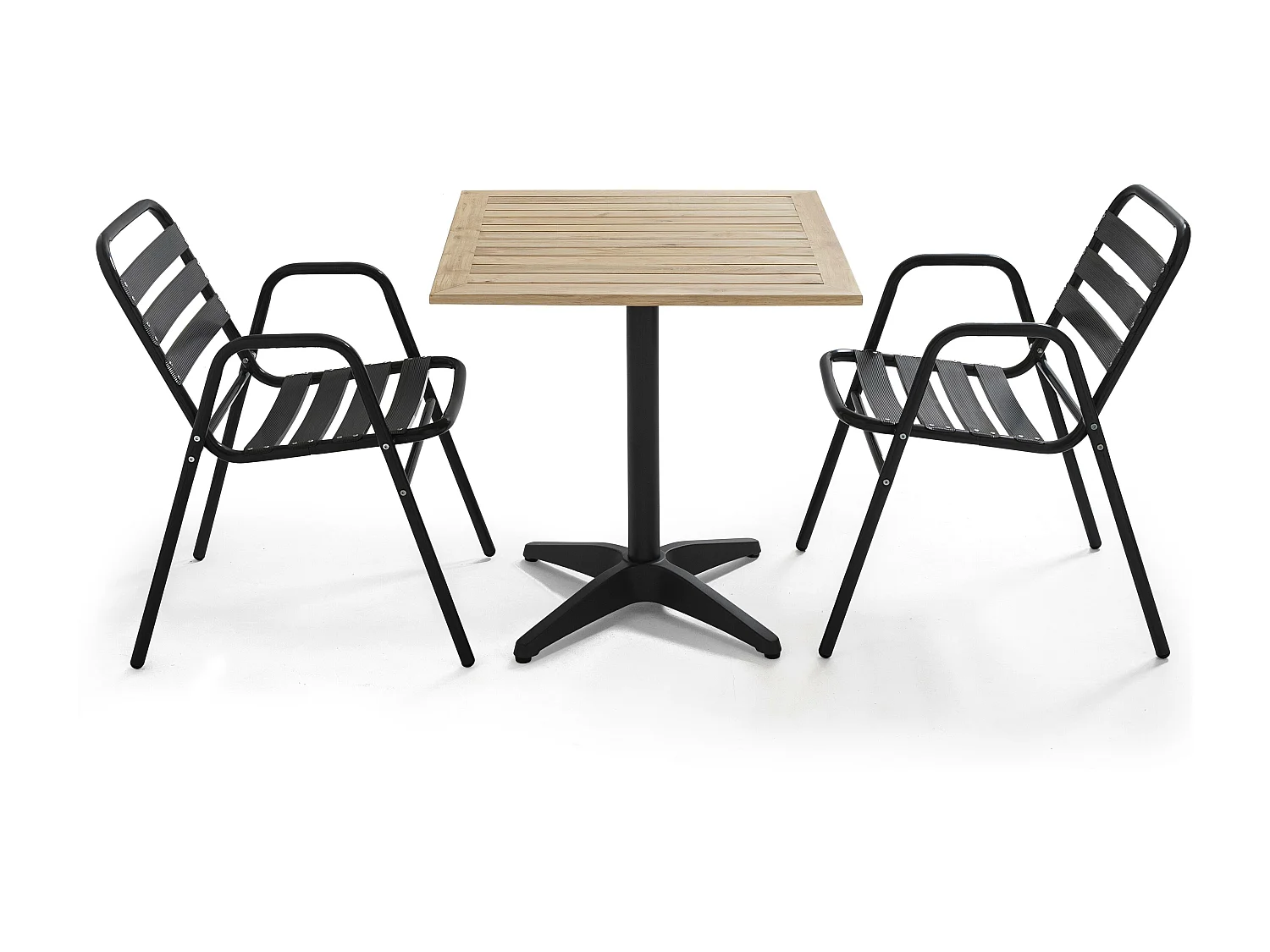 Ensemble table de jardin en bois et 2 fauteuils en aluminium gris