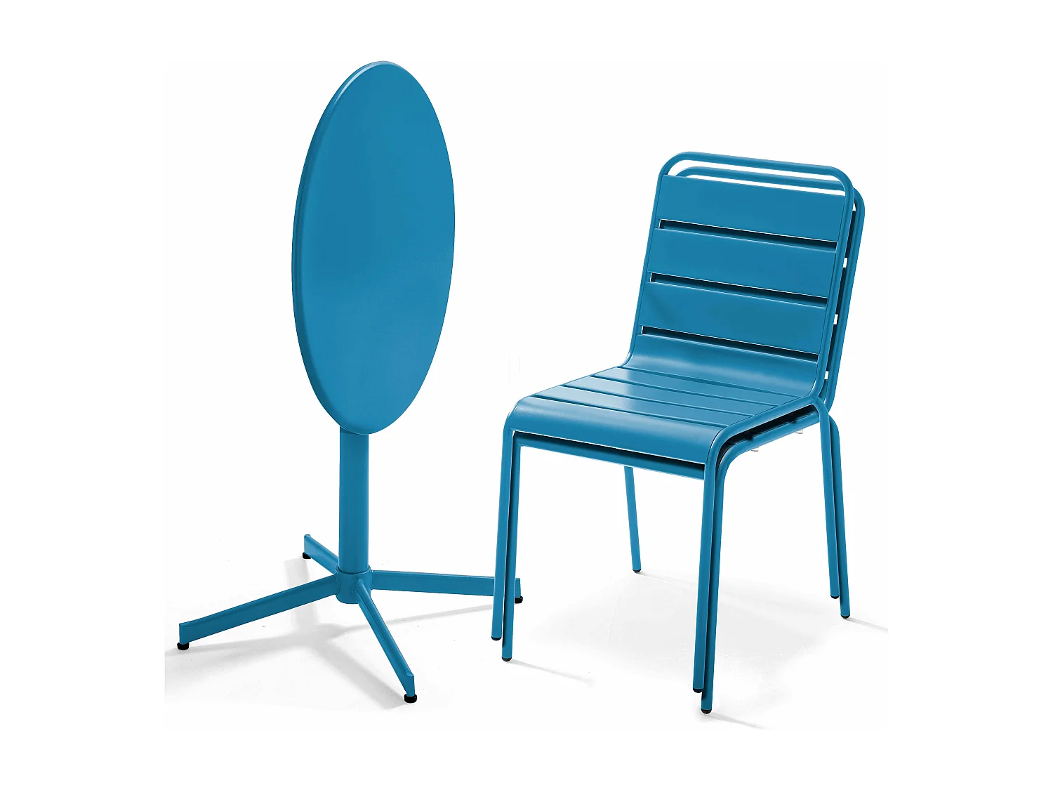 Set van een ronde tuin tafel en 2 blauwe stoelen Pacific
