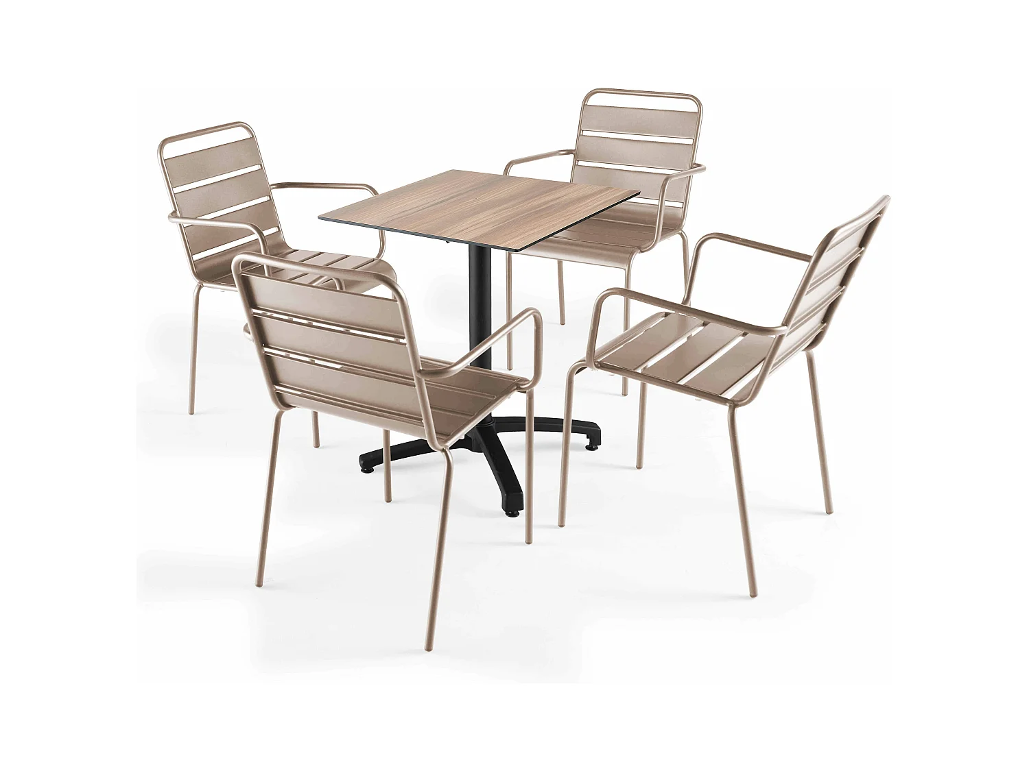 Ensemble table de terrasse stratifié chene foncé et 4 fauteuils taupe