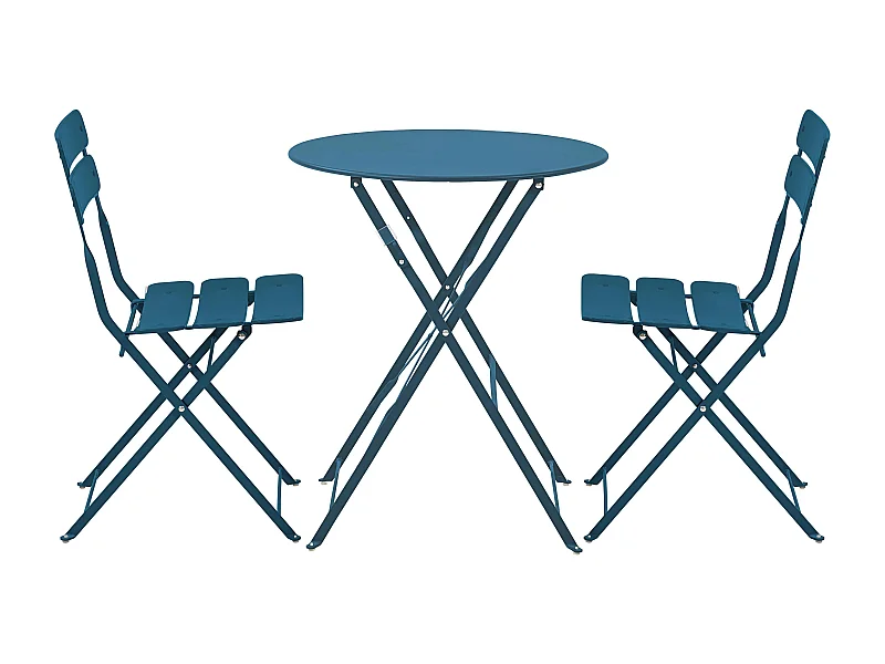 Ronde opvouwbare tuintafel en 2 Pacific blauwe opvouwbare stoelen