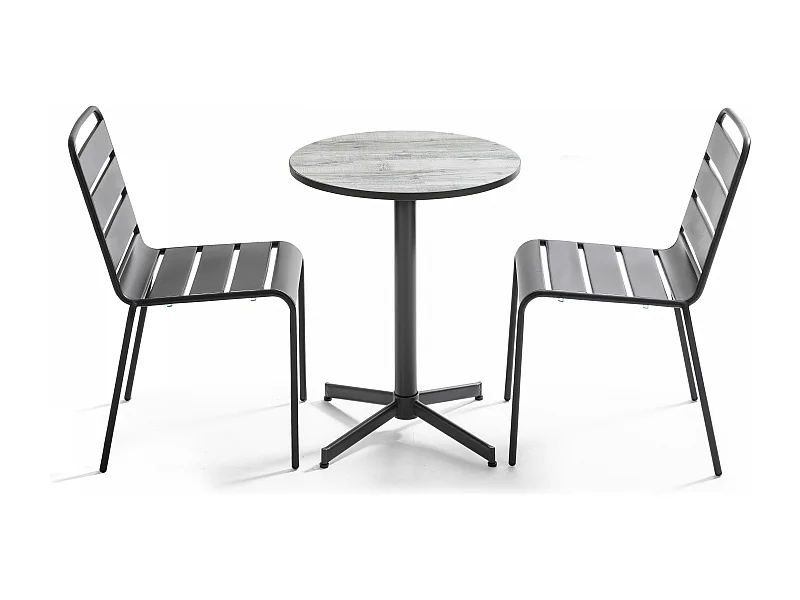 Ensemble de jardin table ronde et 2 chaises en métal gris - Tivoli