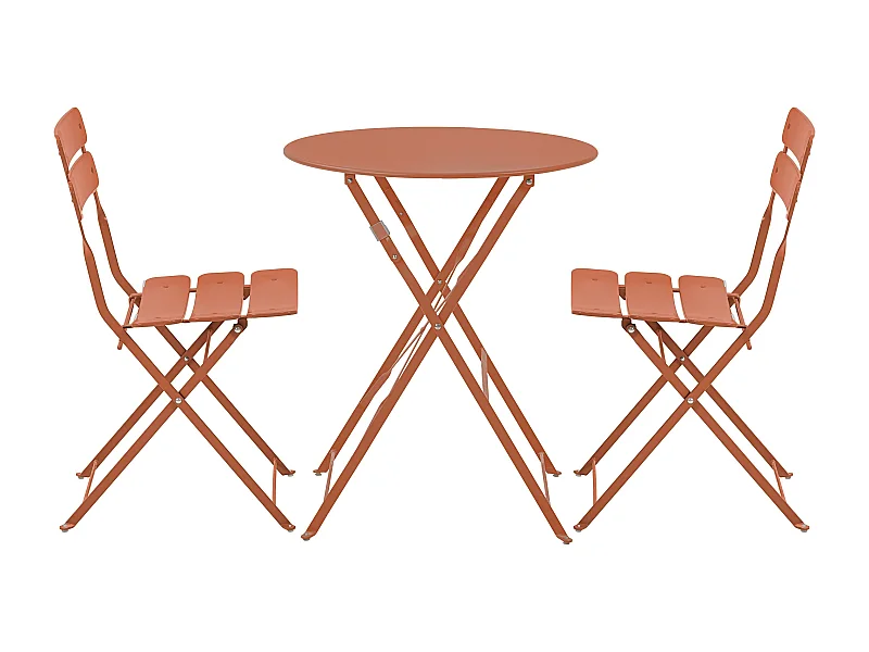 Ronde opvouwbare tuintafel en 2 terracotta opvouwbare stoelen