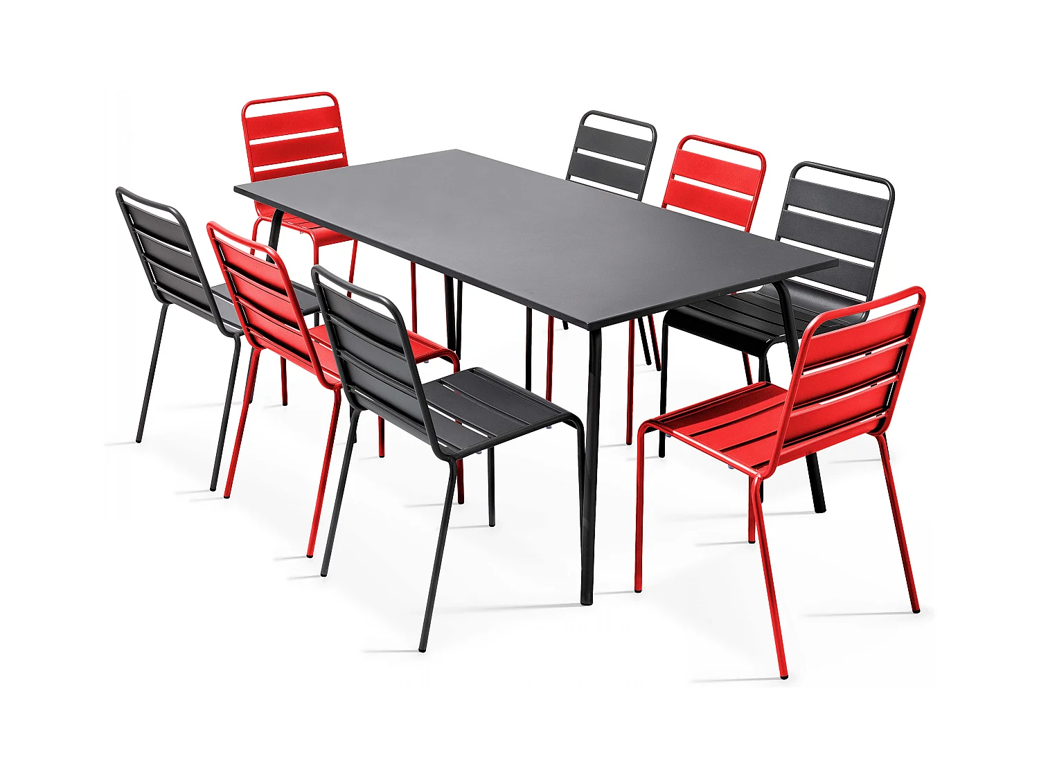Ensemble table de jardin et 8 chaises en métal gris et rouge - Palavas