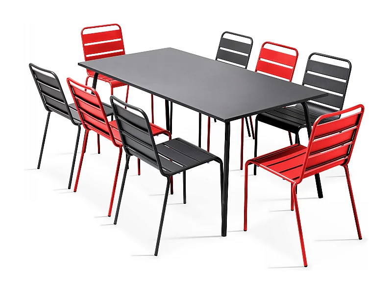 Tuinset met tafel en 8 stoelen van grijs en rood metaal