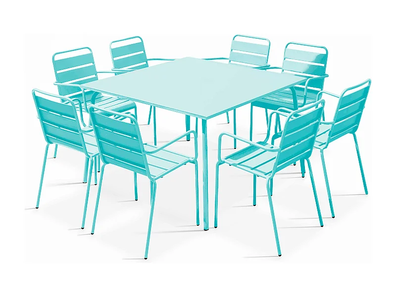 Ensemble table de jardin carrée et 8 fauteuils en métal turquoise - Palavas