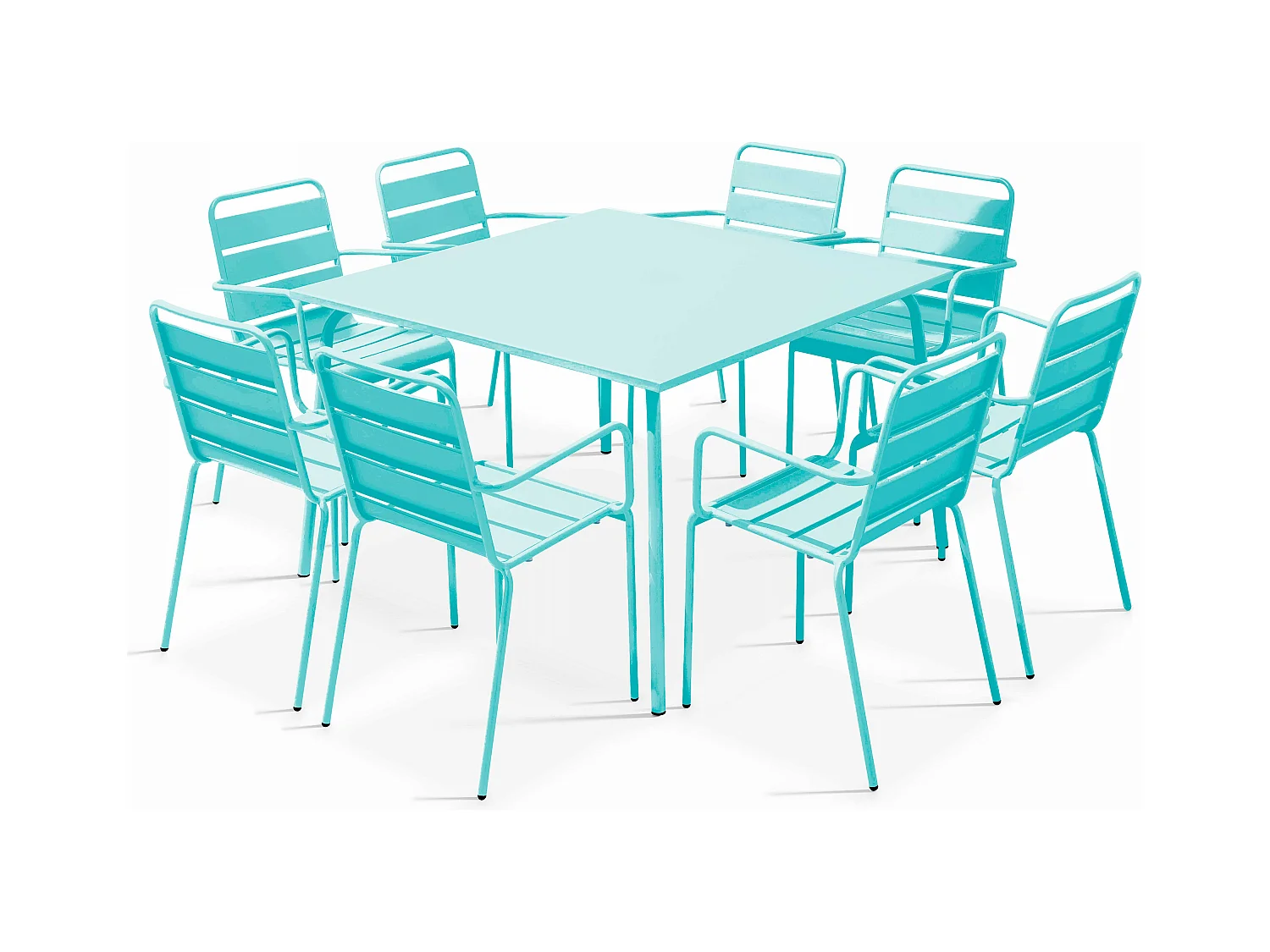 Ensemble table de jardin carrée et 8 fauteuils en métal turquoise - Palavas