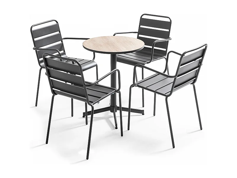 Tuinset ronde tafel en 4 bruine stalen fauteuils