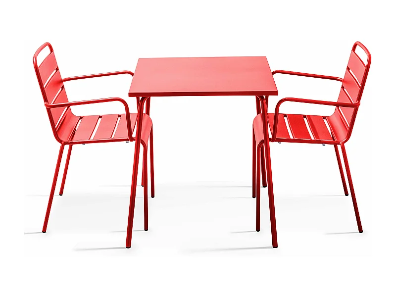 Ensemble table de jardin carrée et 2 fauteuils acier rouge - Palavas