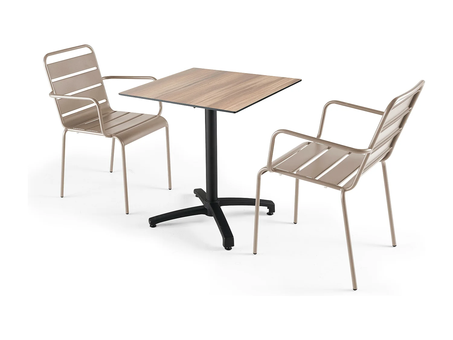 Ensemble table de jardin stratifié chêne foncé et 2 fauteuils taupe