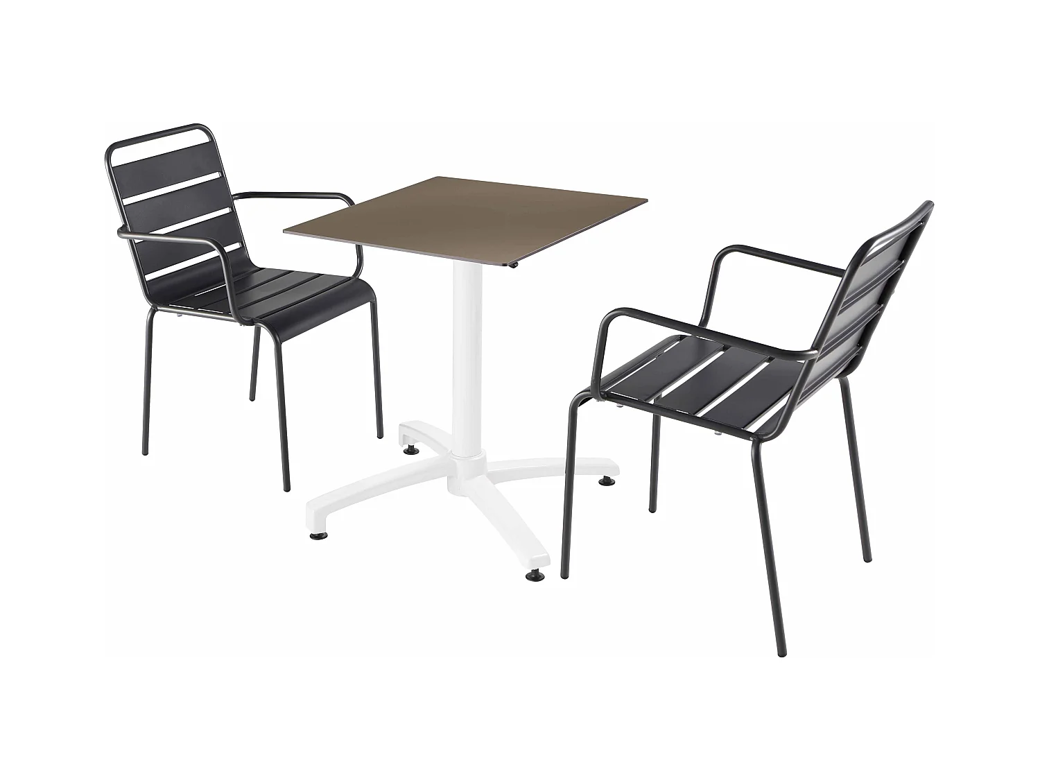 Ensemble table de terrasse stratifié taupe et 2 fauteuils gris