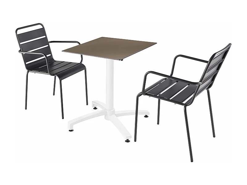 Set tuintafel met taupe gelamineerd blad en 2 grijze fauteuils