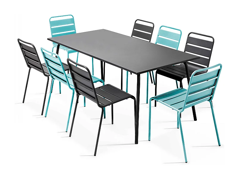 Tuinset met tafel en 8 stoelen in grijs en turquoise metaal