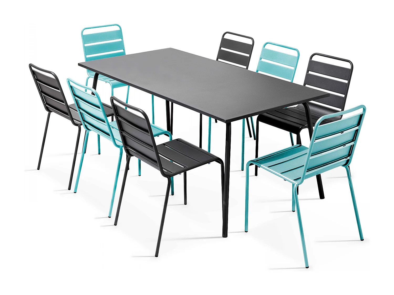 Tuinset met tafel en 8 stoelen in grijs en turquoise metaal